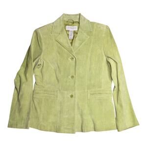Vtg Y2K Liz Claiborne Pale Green Suede Button Up Collared Blazer Jacket Petite S